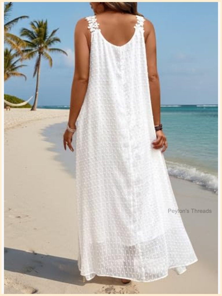 Lace Spaghetti Strap Maxi Dress Crewneck A-Line Swiss Dot Boho Sundress